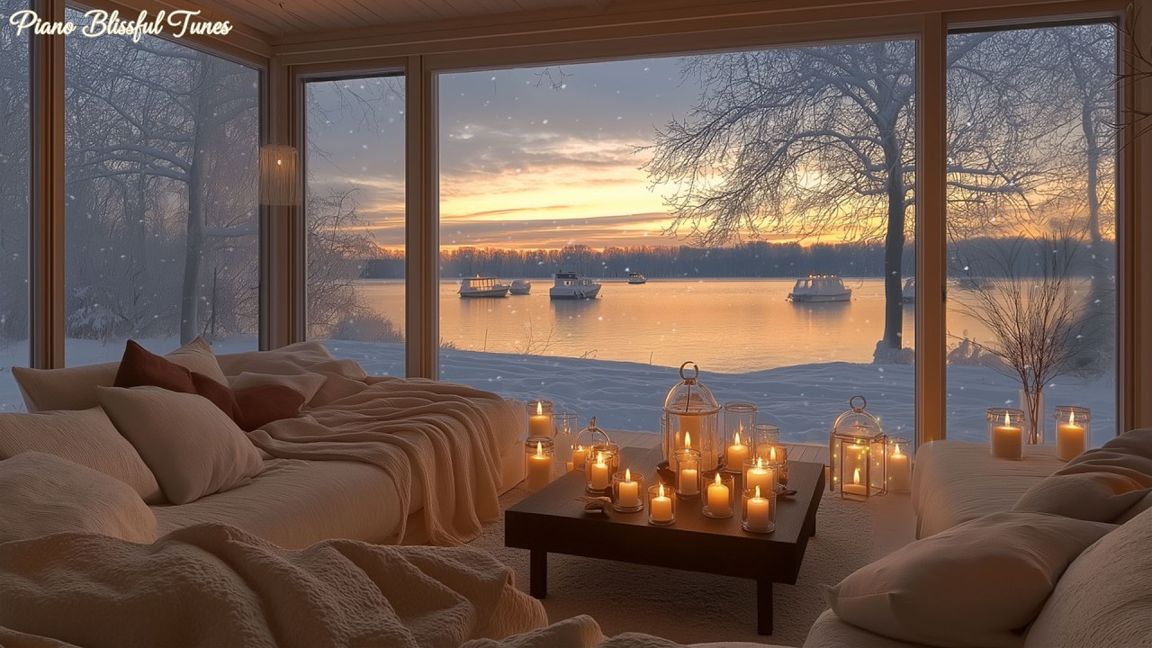 Warm Winter Cabin by the Lake ❄️ Soft Piano Music & Crackling Fireplace Sounds for Sleep & Focus
