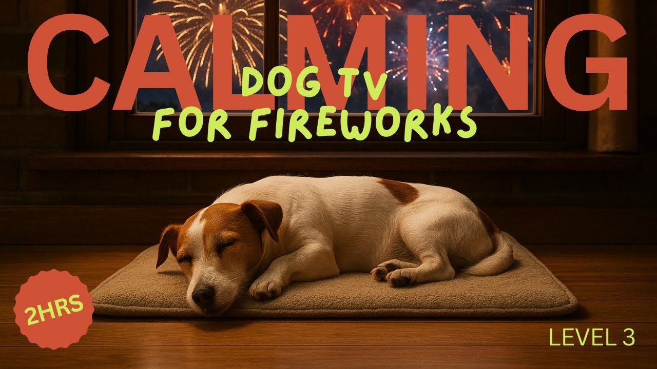 Firework Desensitisation TV for Dogs – Level 3 (Moderate Fireworks + Soothing Ambience)