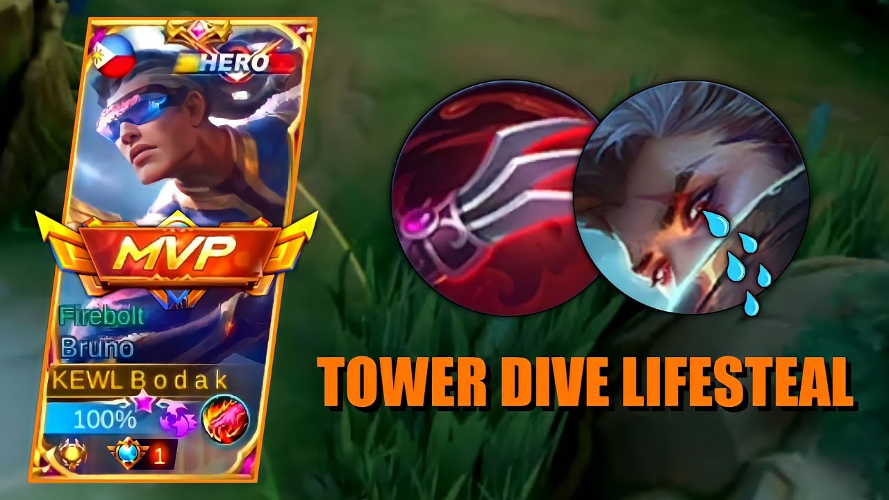 BRUNO LIFESTEAL BUILD CAN DIVE IN TOWER | BRUNO BEST BUILD AND EMBLEM - MLBB