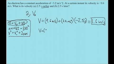 An electron has a constant acceleration of +3.2 m/s^2. At a certain instant its velocity is +9.6 m/s