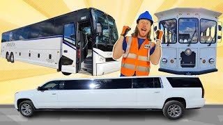 Handyman Hal explores a Bus Limo and Trolley | Transportation Vehicles for Kids