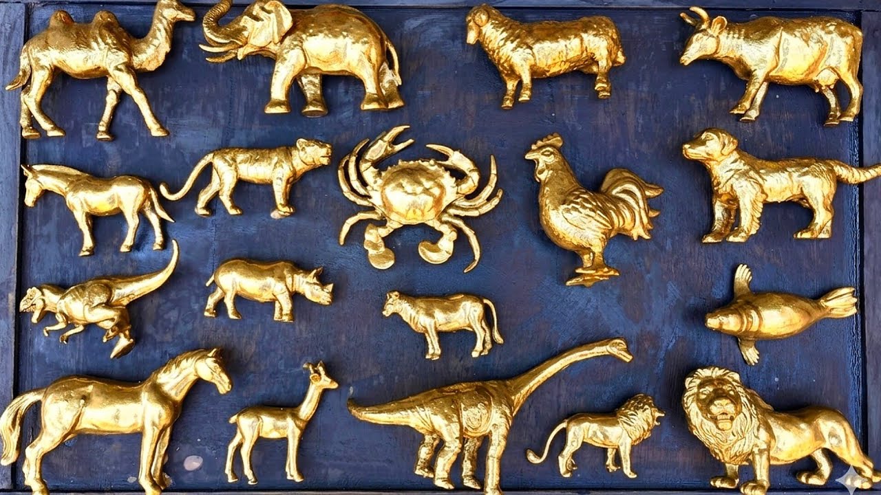 Cleaning toy animals deer, dinosaur, lion, sea lion, horse, rhino, camel, cow, zebra, krabs, hen