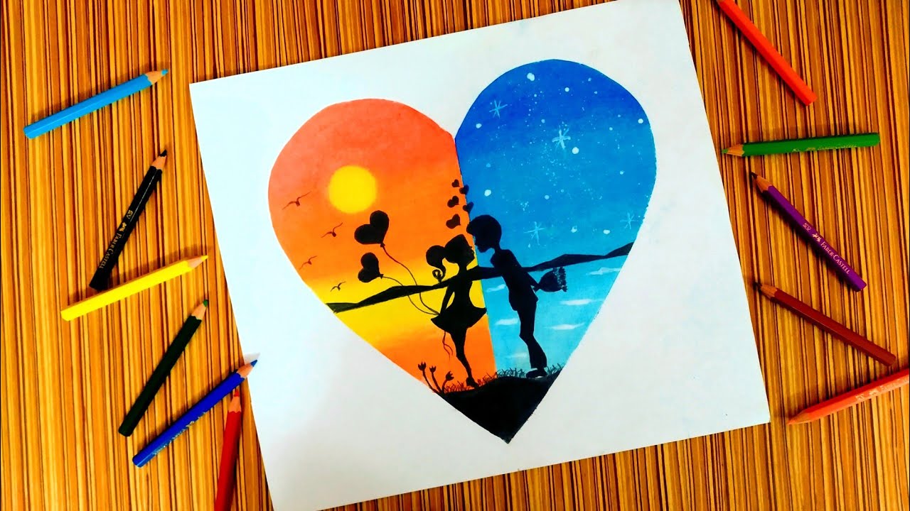 Romantic couple scenary drawing with oil pastel for beginners_Step by