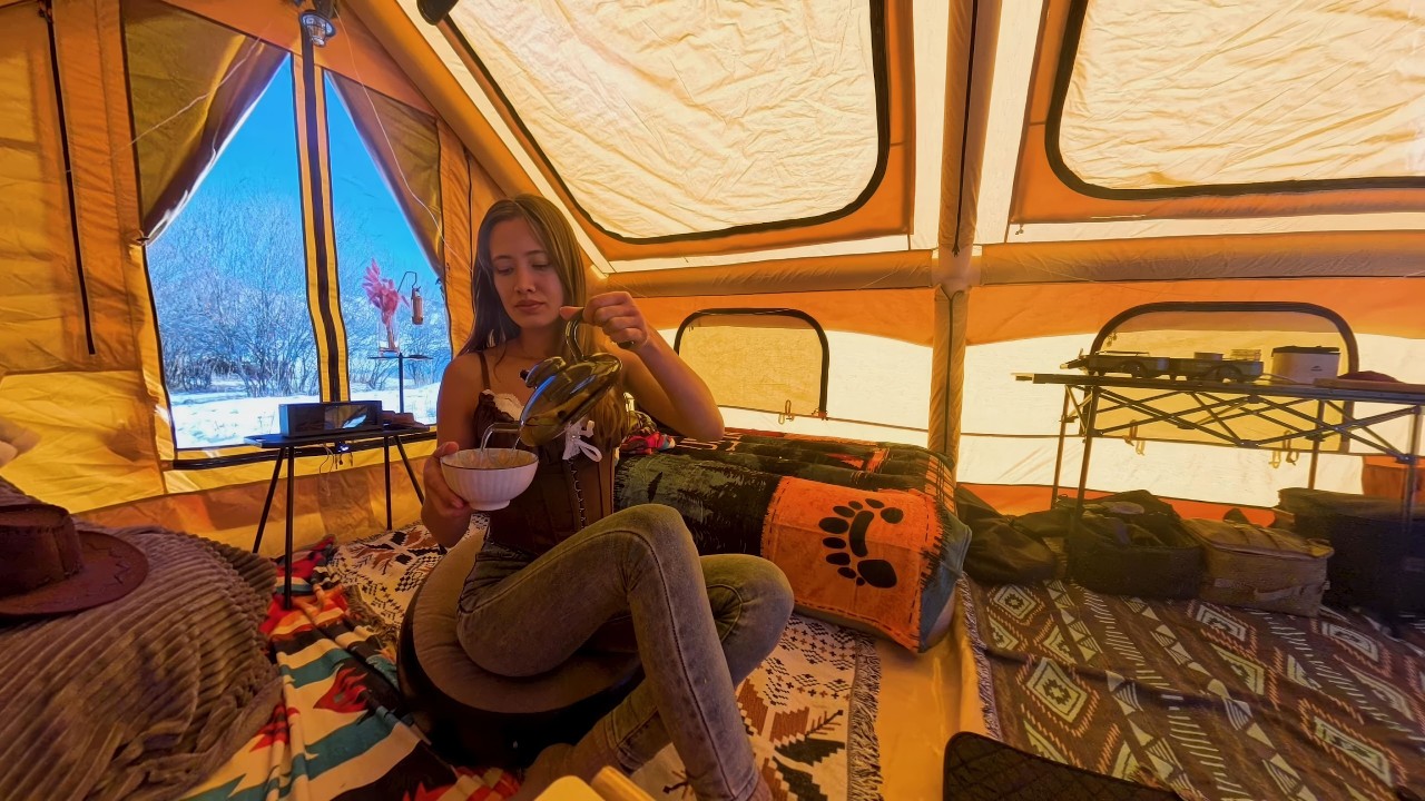 Cozy Snow Camping With My Cats in a Hot Inflatable Tent!