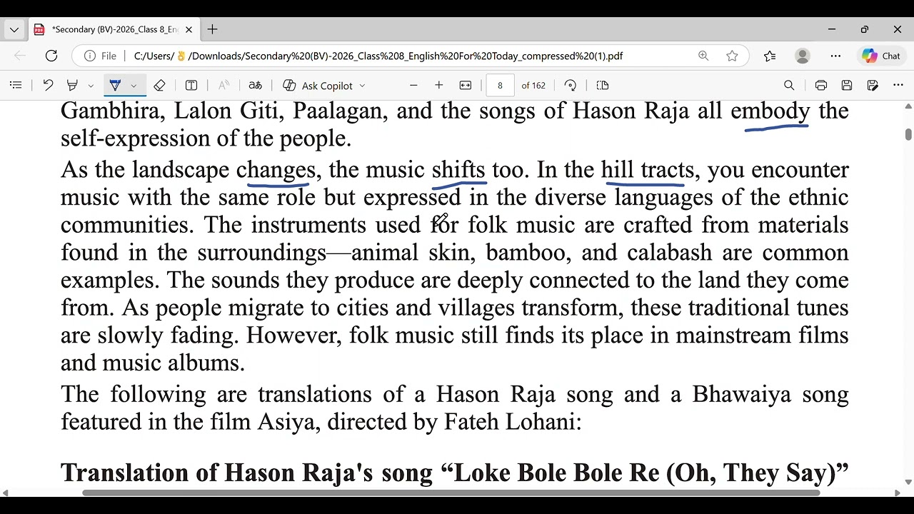 Class 8 English Unit 1 Lesson 1 | Folk Song Class 8 | A Glimpse of Our Culture | Activity people's.