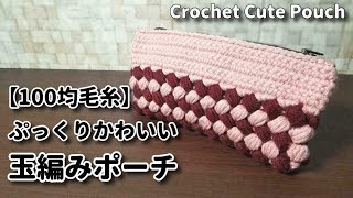 【100均毛糸】ダイソーメランジでぷっくり可愛い玉編みポーチ☆Crochet Cute Pouch☆かぎ針編みポーチ編み方