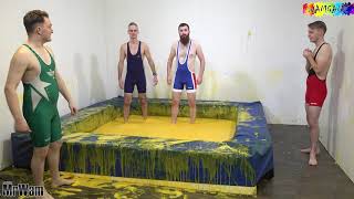 4 guys tag team wrestling in gunge in lycra singlets