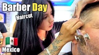 BARBER DAY HAIRCUT FADE (w/ HER SIGNATURE & DESIGN ON MY HEAD) Mexico City ?? ASMR