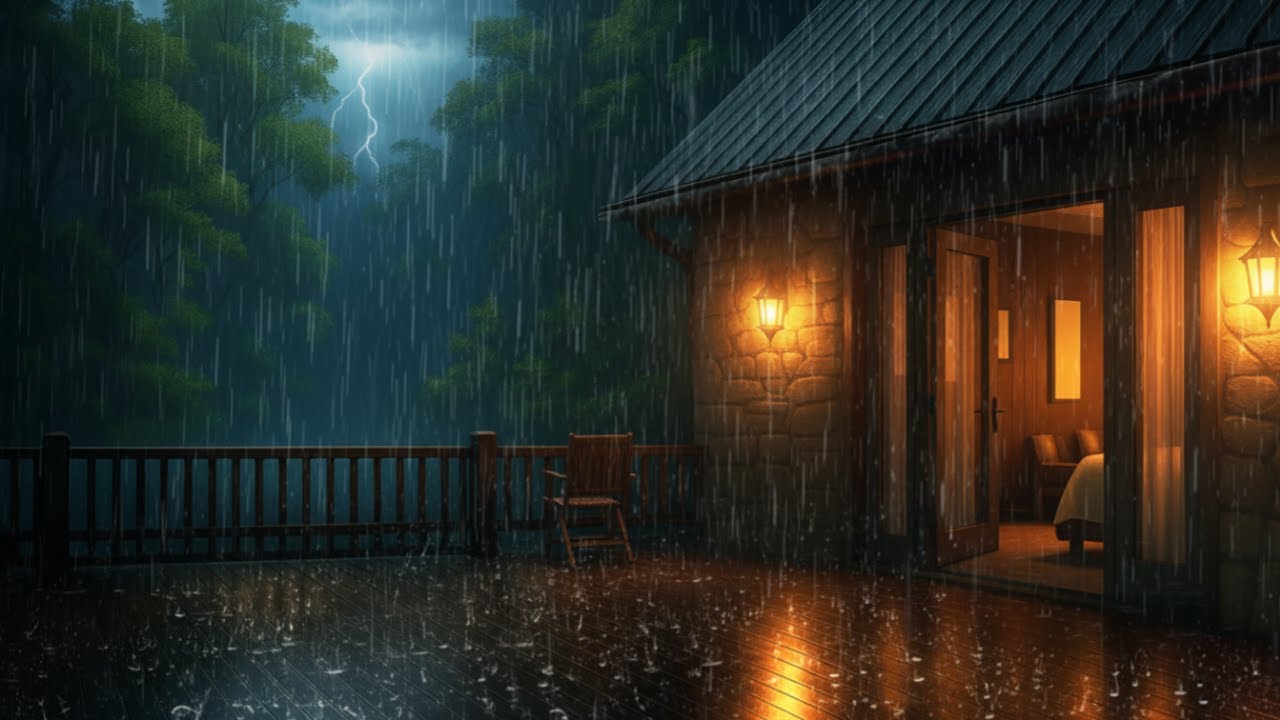 Rainy Night in Cozy Cabin 🌧️ Heavy Rain and Thunder Sounds for Sleeping ...
