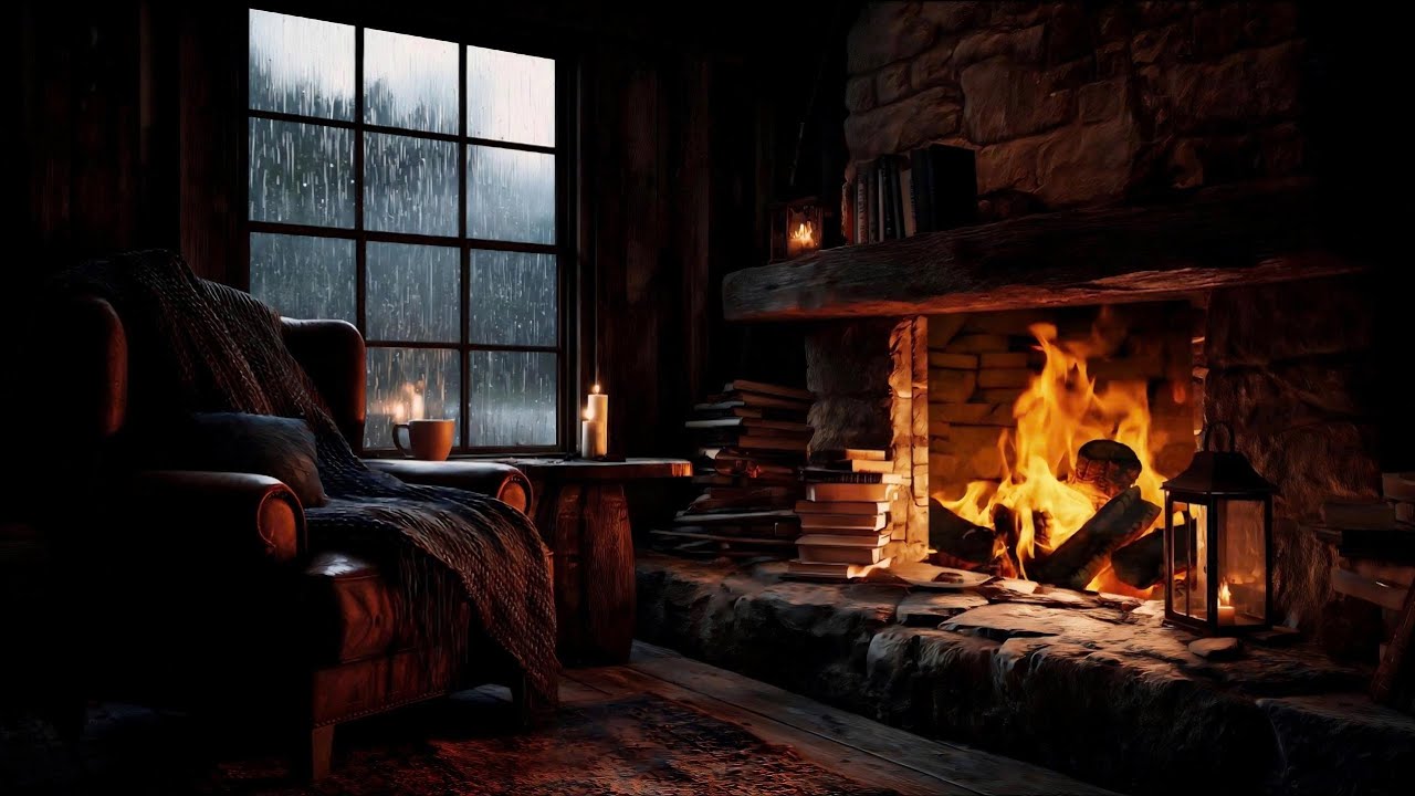 Rainy Night by the Fireplace (No Ads) 🌧🔥 | Deep Sleep Cozy Ambience