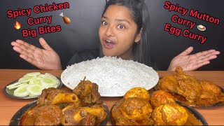 SPICY MUTTON CURRY, SPICY CHICKEN CURRY AND SPICY EGG CURRY WITH BASMATI RICE | FOOD EATING VIDEOS