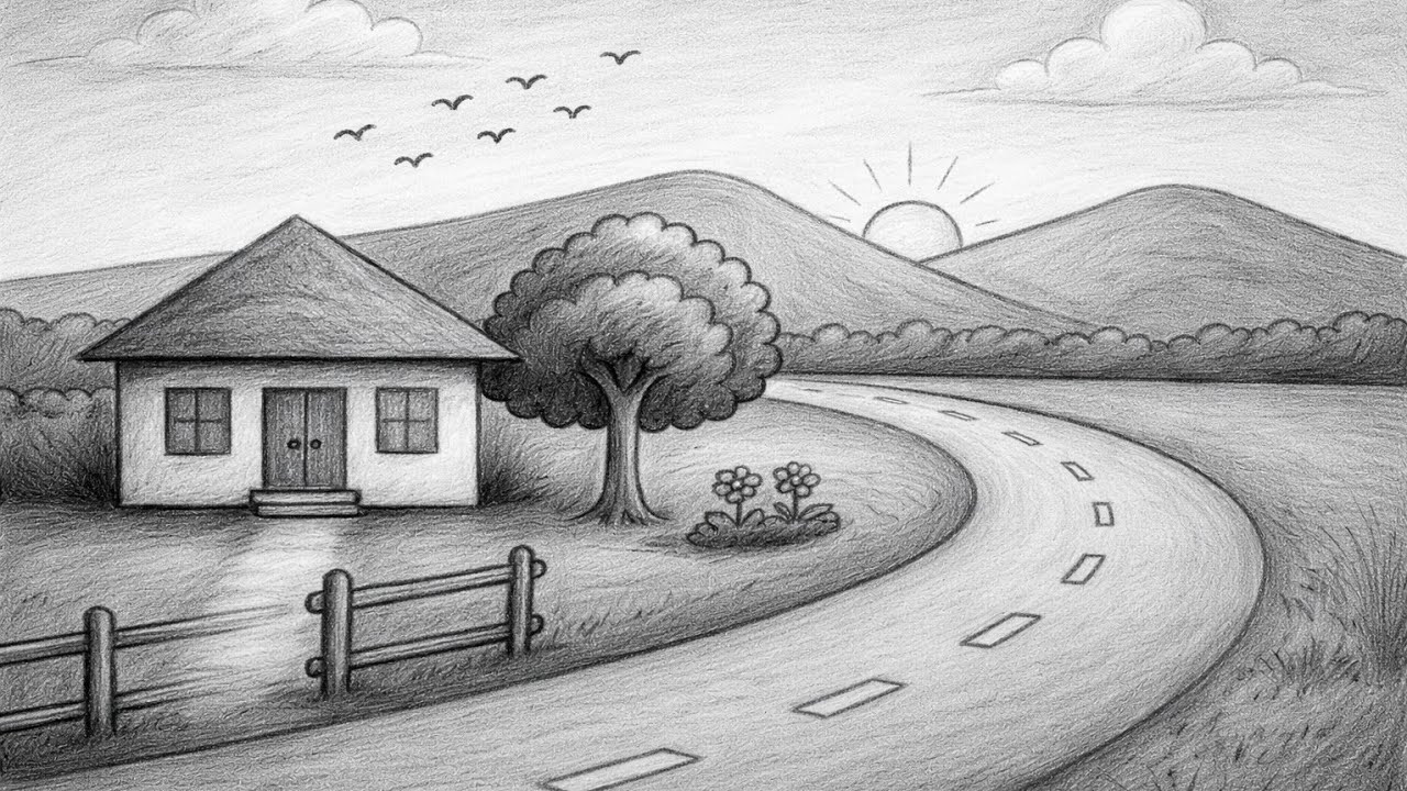 How to draw Sunrise Village scenery with pencil ✏️ for Beginners| प्राकृतिक दृश्य चित्र बनाना सीखें