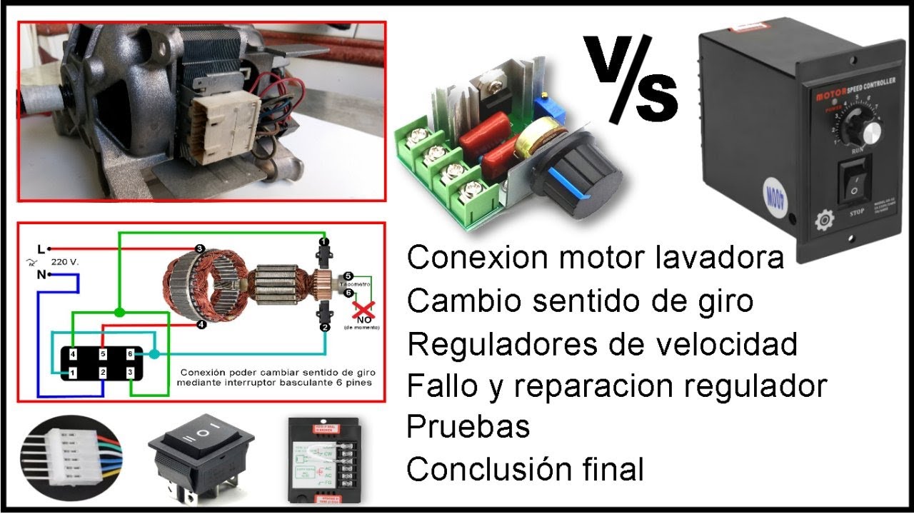 Conexion motor lavadora, cambio de sentido de giro reguladores de velocidad, pruebas, conclusiones