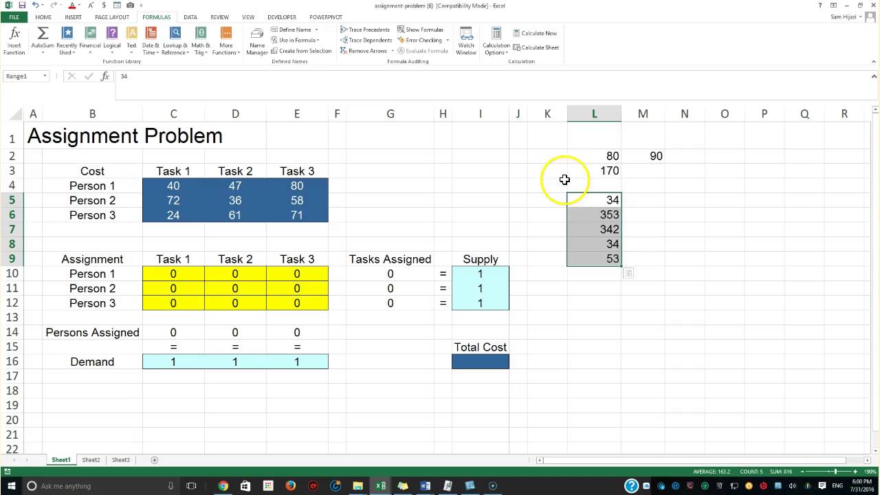 assignment problem using excel solver