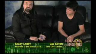 Scary Larry performing magic for Jay Aston on "Focus In The Mix with Denise Ames"