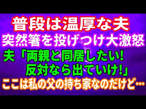 【感動する話】 普段温厚な夫が突然私に箸を投げつけ大激怒。「両親と同居したい！反対ならお前は出ていけ！」ここは私の父の持ち家なのだが？