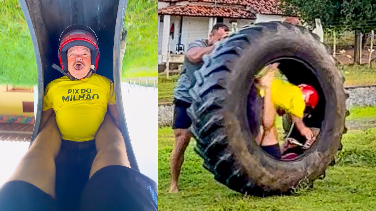 PILILIU E LEÔNCIO SE DÃO MAL GIRANDO NO PNEU GIGANTE DE TRATOR 😱 | PILILIU DA RESENHA
