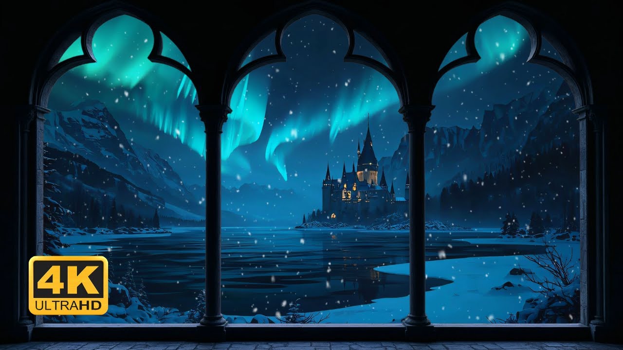 Aurora Castle Window View – Snowy Fantasy Night Ambience 4K For Study and Relaxation
