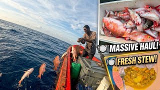 FILLING THE COOLER WITH DEEP SEA SNAPPER. CURRY CHICKEN/DASHEEN COOKED ON THE OCEAN