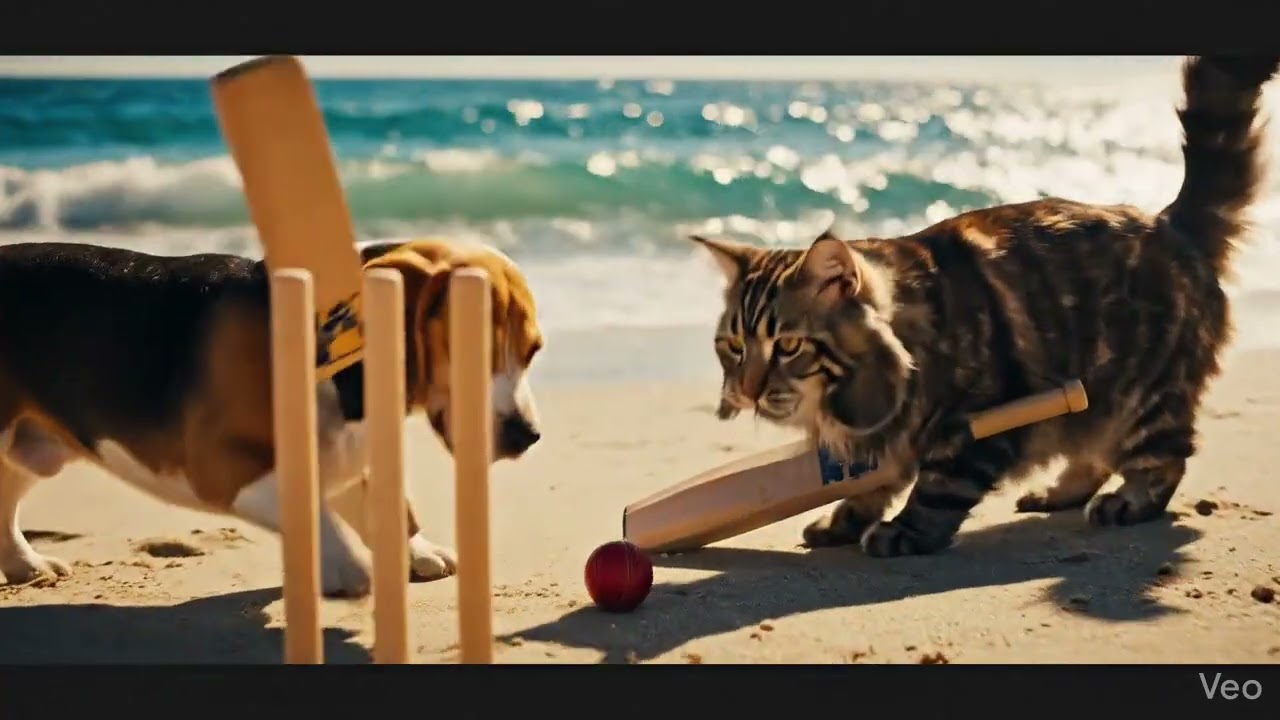 A dog and cat playing cricket 🏏 