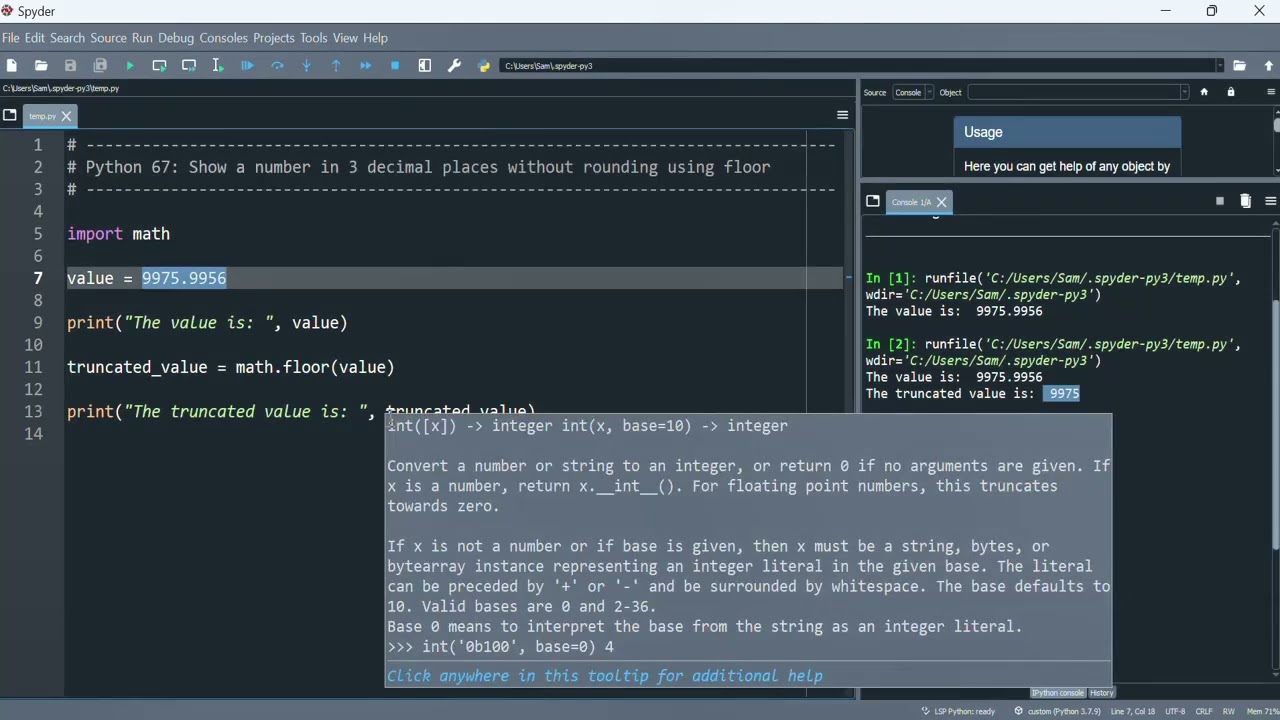 Python 67: Show a number in 3 decimal places without rounding using the floor method