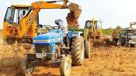 Tractor JCB Machine on Swaraj 963 FE Loading Mud in Trolley Eicher 485 Sonalika 60 Rx
