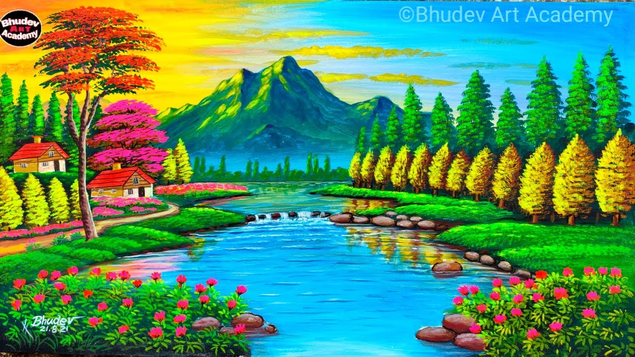 Beautiful Mountain Landscape Scenary Painting With Earthcolour