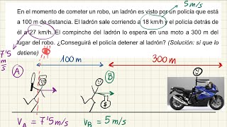 En el momento de cometer un robo, un ladrón es visto por un policía que está a 100m. MRU, FyQ ESO.