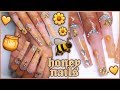 🍯Honey Nails with Gold Bees 🐝 Acrylic Sculpted Long Coffin Bling | WE HAVE MERCH!
