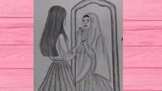 how to draw a girl seeing mirror in model and hijab step by step for beginners | teaching drawing |