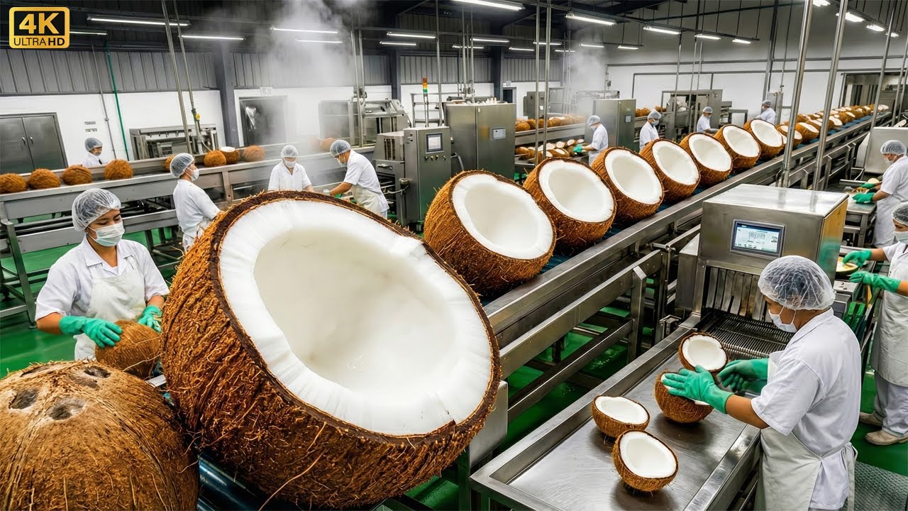 Inside the Factory: How Coconuts Are Turned into Delicious Coconut Milk (Full Process Factory)