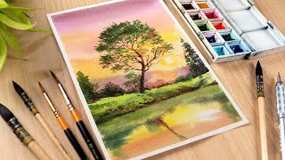 Easy Watercolor painting for beginners Sunset Lake landscape
