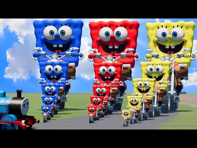 Big u0026 Small: SpongeBob vs Red SpongeBob vs Blue SpongeBob on a motorcycle vs Trains | BeamNG.Drive class=