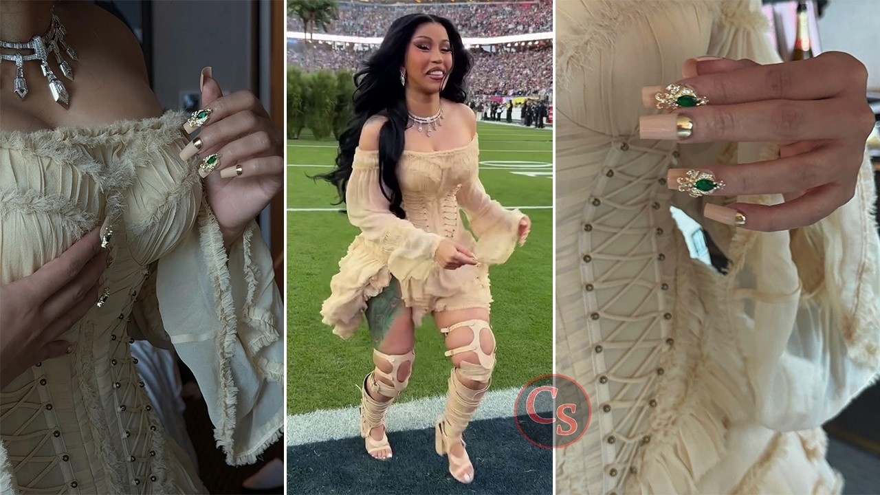 Взгляните поближе на «романтический» наряд и изумрудный маникюр Карди Би на Суперкубке.