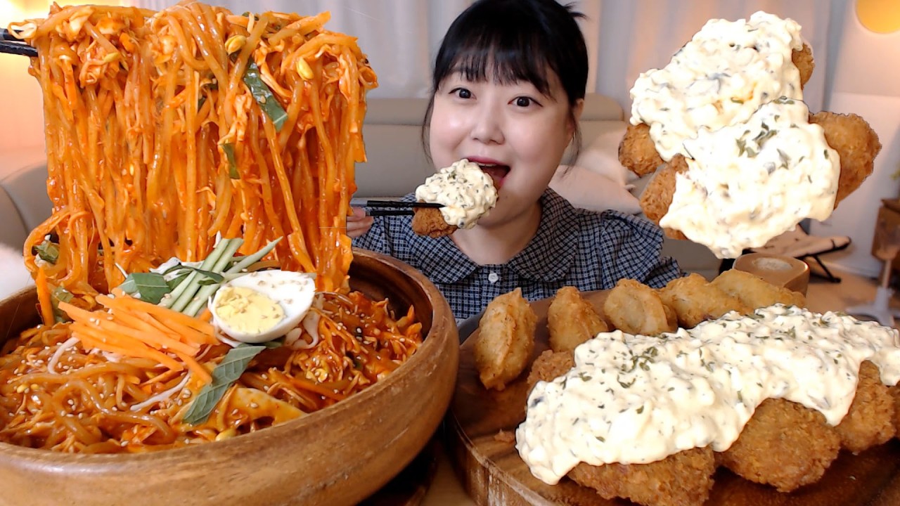 매콤새콤 쫄면 직접만든 타르타르소스 가득 생선까스 통통한 군만두 먹방 Spicy Korean noodls Fish cutlet Fried dumplings Kfood Mukbang