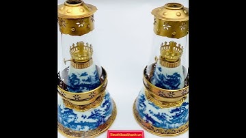 Cặp đèn dầu gốm men lam hoạ tiết phong thuỷ