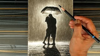 Pencil drawing scenery of a couple kissing with umbrella in rainy night.  screenshot 2
