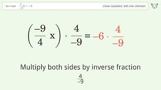 Linear equation with one unknown: Solve x/(-4)9=-6 step-by-step solution