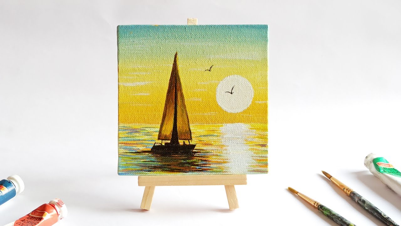 Sailboat Sunset Seascape Acrylic Painting For Beginners  Mini Canvas  Painting For Beginners