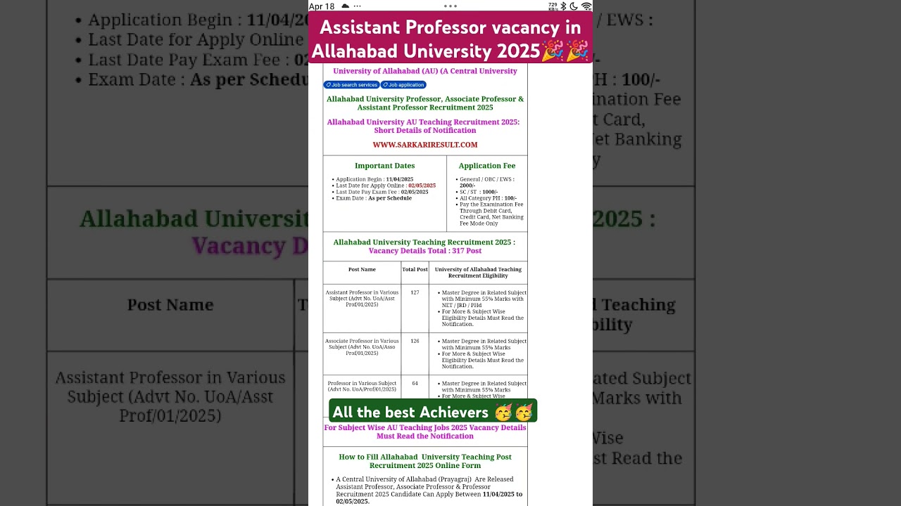 Assistant Professor Vacancy in Allahabad University 2025.. Apply soon👍👍