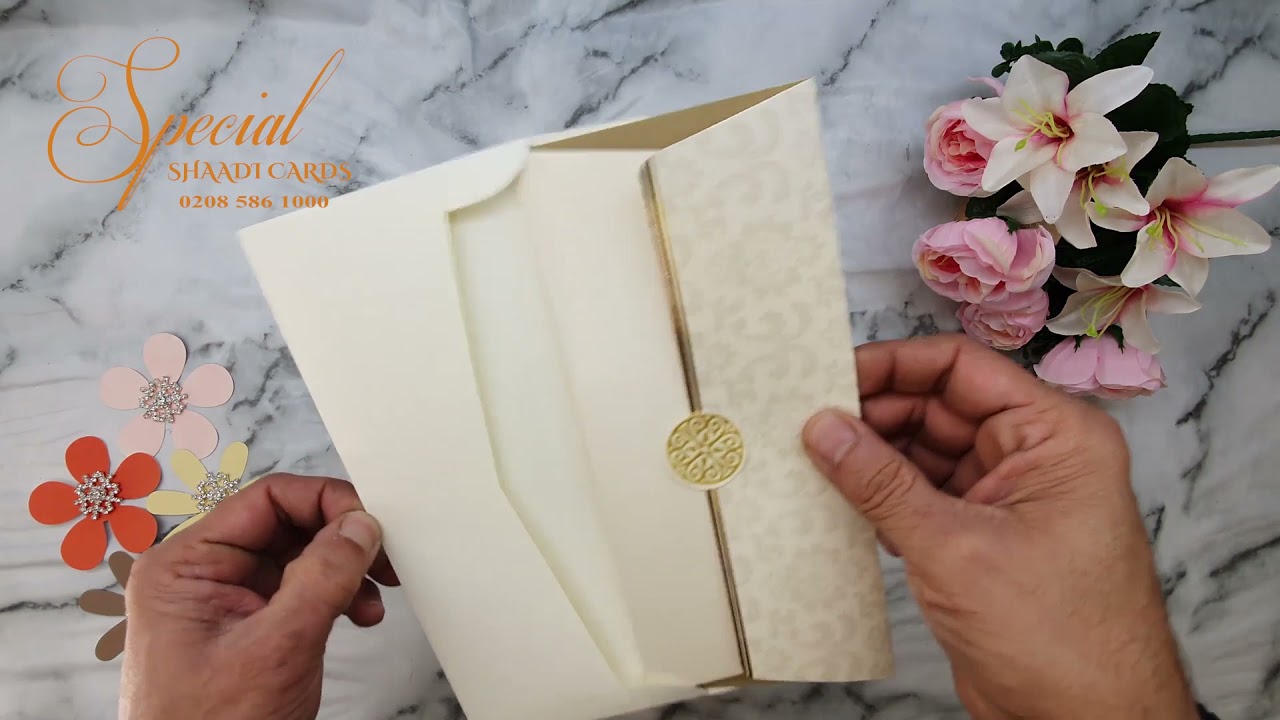 Ivory & Gold Folding Single Sheet Invite with Damask Pattern || BA2703 || Special Shaadi Cards