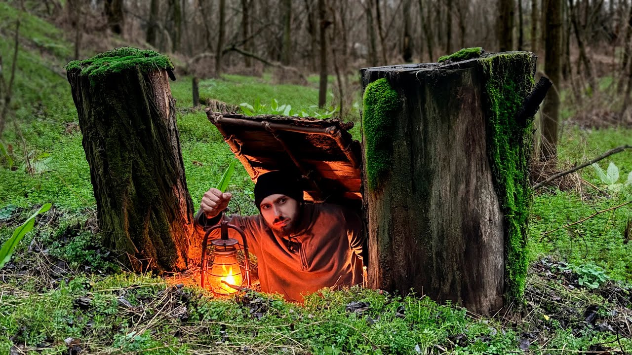 Building a Warm Secret Dugout Between Two Tree Stumps | Bushcraft, Survival, Dugout