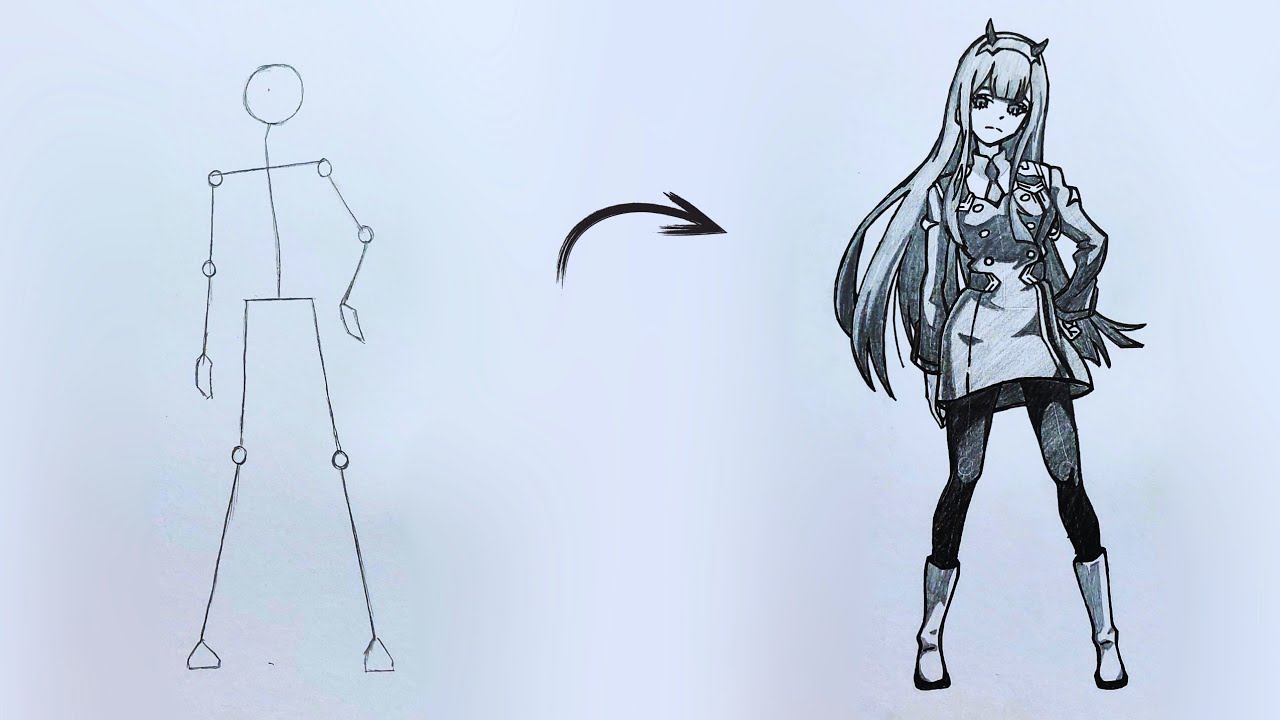 How to draw Zero Two full body out of stick man | Darling In The Franxx | Step by step