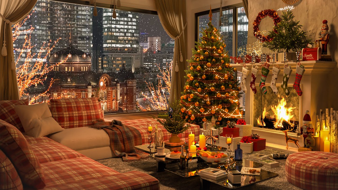 ⁣Christmas Vibes 🕯️ | Night Living Room Ambience with Jazz 🌃 Christmas Jazz Music | Relax, Sleep