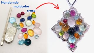 Handmade Silver Cross-Pendant With Different Semi-Precious Stones