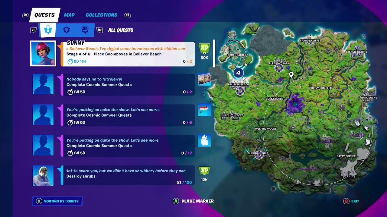 Stage 4 of 6 Place boomboxes in Believer Beach Sunny Legendary challenge quest week 3 YouTube