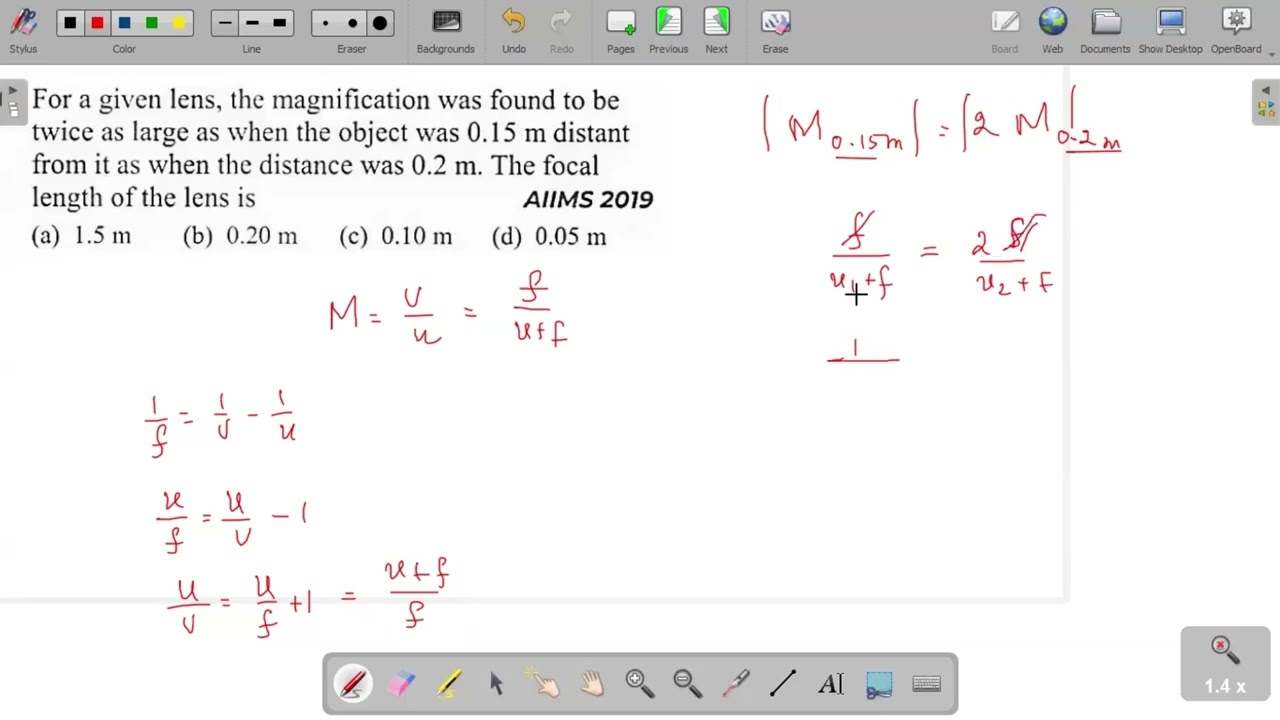 For a given lens, the magnification was found to be twice as large as when the object was 0.15m dis