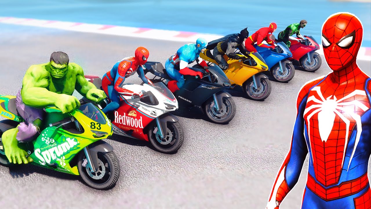 Superheroes on a Motorcycles Ride on The Stairs with Spiderman Hulk ...