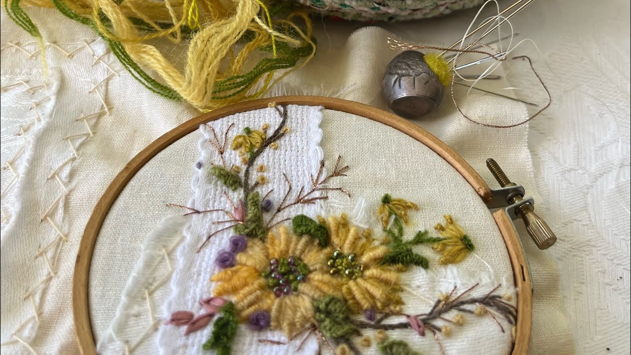 Floral embroidery - adding the final flower, buds and twigs #embroidery #handembroidery 