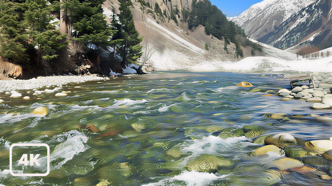 4K Canadian Rockies Winter Stream | Pure River Sounds for Deep Sleep, Relaxation & Study